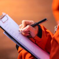 Safety officer/Supervisor is writing note on the checklist paper during perform audit and inspection in oil field operation. Close-up action and selective focus photo.