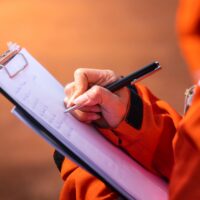 Safety officer/Supervisor is writing note on the checklist paper during perform audit and inspection in oil field operation. Close-up action and selective focus photo. Safety officer/Supervisor is writing note on the checklist paper during perform audit and inspection in oil field operation. Close-up action and selective focus photo.
