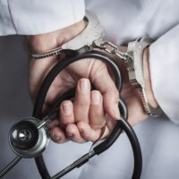 Female Doctor or Nurse In Handcuffs and Lab Coat Holding Stethoscope. Female Doctor or Nurse In Handcuffs and Lab Coat Holding Stethoscope.
