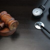 Judges Gavel And Medical Equipment On Black Wooden Background