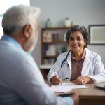 An Indian doctor in a white coat advises an elderly patient. Medical reception of a doctor in a clinic.