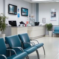 Hospital waiting room with reception counter at medical facility.