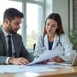Medical consultant reviews financial projection with healthcare administrator. Doctor, businessman analyze budget discuss investment in clinic. Financial planning for medical facility. Healthcare Medical consultant reviews financial projection with healthcare administrator. Doctor, businessman analyze budget discuss investment in clinic. Financial planning for medical facility. Healthcare