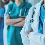 The physician and team meet about health care issues, planning, or strategy together in a hospital or office setting. Group of medical professionals in teamwork, discussion or collaboration for presentation in clinic