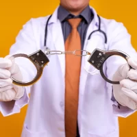 Close-up Of A Physician With Handcuffs, Representing Compliance Or Enforcement