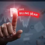 Male hand pointing at a glowing 'Fake Billing Scam' label against a blurred financial background