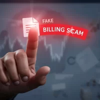 Male hand pointing at a glowing 'Fake Billing Scam' label against a blurred financial background