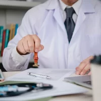 Doctor approval Physician stamps consent on medical document at hospital office to finalize signature and ensure healthcare compliance, updating records for safe treatment. concept policy and trust.