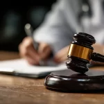 Gavel on a wooden desk with a doctor writing a document in the background, concept for medical malpractice settlements, health law litigation, and legal healthcare