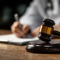 Gavel on a wooden desk with a doctor writing a document in the background, concept for medical malpractice settlements, health law litigation, and legal healthcare