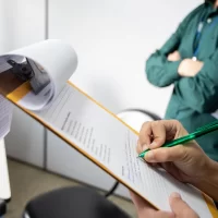 Inspector writting on a clipboard. Man in the background with arms crossed. Inspection by supervisors in a office