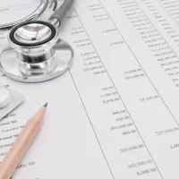 Stethoscope, pills, pencil, and financial documents on medical billing form