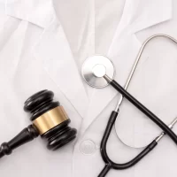 A stethoscope and gavel are placed on a white doctor's coat. The image symbolizes the intersection of law and medicine, conveying authority and professionalism.