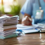 Healthcare professional managing a large stack of paperwork and documentation at a busy medical office, highlighting administrative duties and workload.