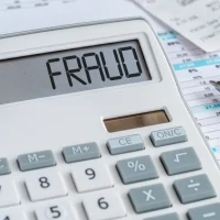 A calculator with the word Fraud on the display