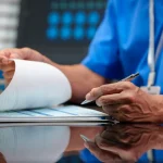 Healthcare worker in blue scrubs reviewing paperwork on clipboard at hospital desk, holding pen, clinical setting with lab supplies and monitor in background.