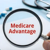 medicare-advantage-text-under-magnifying-glass-with-stethoscope-and-medication-capsules-on-blue-surface-for-healthcare-insurance-research-elderly-medical-benefits-and-professional-patient-services